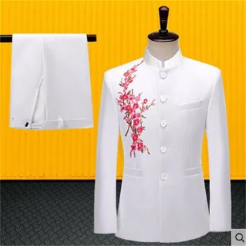 broderie sacou bărbați Chinez tunica costum set cu pantaloni de mens costume de nunta cantareata stand guler alb îmbrăcăminte rochie formale b