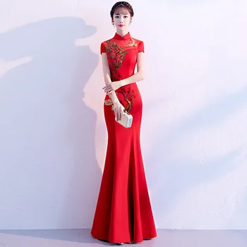 Roșu Broderii Florale Qipao Femei Satin Stand Guler Cheongsam Mireasa Elegant Petrecere De Nunta Rochie Stil Chinezesc Rochii De Banchet