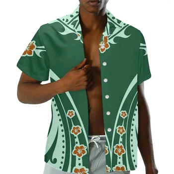 HYCOOL Vara Vrac Polineziene Men ' s Cămașă Hibiscus Print Hawaiiana Verde Camasa Barbati Moda Hawaii Butonul de Sus Beach Shirt Pentru Bărbați