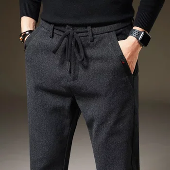 Moda Periat Tesatura Fleece Gros de Brand Slim de Birou cu Pantaloni sex Masculin Negru Bleumarin 38 de Iarna Noi Bărbați Cald Pantaloni Casual