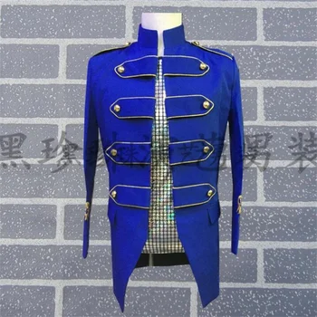 Stand guler albastru mens costume de modele de costume de scenă pentru cântăreți bărbați blazer dans sacou haine star rochie stil punk europene