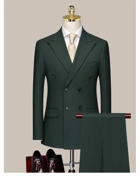 Atelier de croitorie pentru Bărbați Stil Britanic Nunta Mire Costum Slim Fit Casual Business Personalizate două rânduri de culoare Verde Închis Costum