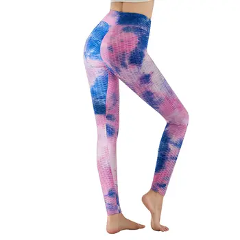 Sexy Pliuri Push-Up Legging Pentru Femei Tie-Dye Print Sport Fitness Legging Sweatpant Skinny Pantaloni Violet Albastru Marimea L