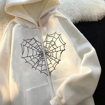 Gotic Spider Web Punk Supradimensionate pentru Femei de Iarnă Hip Hop de Epocă Topuri Y2k Îmbrăcăminte Jachete cu Glugă Casual Unisex Streetwear