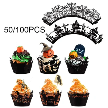 100buc Halloween Cupcake Ambalaje de Păianjen Dovleac Negru Tăiat cu Laser Garnituri Cupcake Tort de Decorare pentru Petrecerea de Halloween