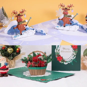  3D Pop-Up de Craciun Felicitare de Crăciun Elan Coș de Flori lucrate Manual Carduri cu Plic pentru Anul Nou