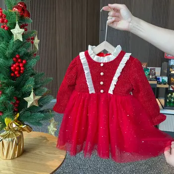 Iarna Fete Rochii de Printesa coreean Copii Haine pentru Copii de Craciun Rochie din Tul pentru Fete Baby Red Plus Fleece Cald Rochie 0-6Y
