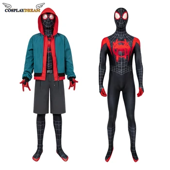 Super-erou Spider costum În Versetul Miles Morales cosplay Salopeta Cu Haina set complet de Halloween Spider cosplay pentru adulți