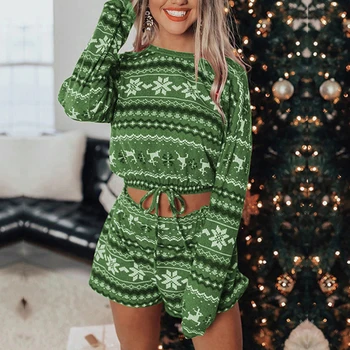 Femeile Crăciun Hanorac Seturi Maneca Lunga de Sus a Culturilor pantaloni Scurți 2 buc de Crăciun Fulg de nea Print Knit Toamna Homewear Moda Casual 2021 Fierbinte
