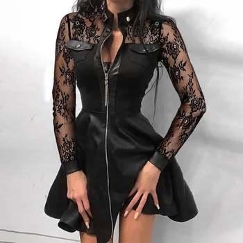 Sexy Negru din Piele Fusta Clos 2021 Tipărite Doamnelor Faux PU cu Fermoar Fusta Scurta de Primăvară Elegant cu mâneci Lungi pentru Femei de Îmbrăcăminte