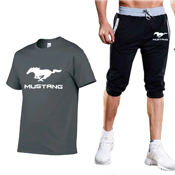 Noi de Vara pentru Barbati cu maneci Scurte Mustang masina Logo-ul de imprimare T-Shirt Bumbac de înaltă calitate pentru Bărbați tricou+pantaloni scurți costum 2 buc V