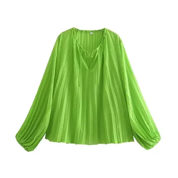 2022 Femei de Moda Plisata Verde Bluza Lady Chic Mâneci Lungi V-neck Casual Elegant Rece Pierde Vara de Top de sex Feminin