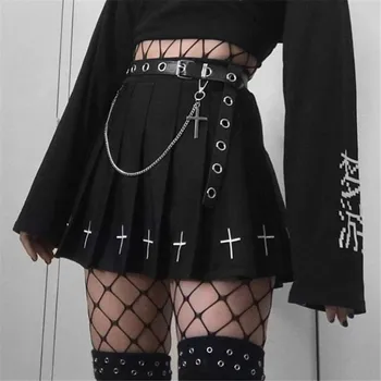 De Înaltă Talie Mini Fuste Negre Gotice Streetwear Cruce De Imprimare Plisata Femei Fuste Casual Colegiul Lolita Harajuku Fusta