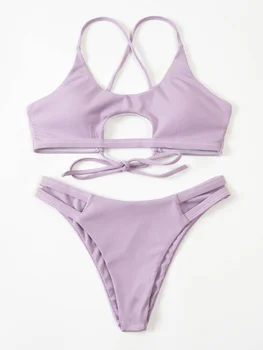 înot CyxWzy Femei Legături 2022 Violet Solid de Imprimare Sexy Talie Joasa Bikini Vara Beachwear Set de Două Piese de costume de Baie купальник