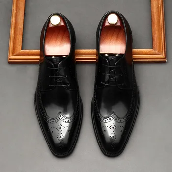 Bărbați De Lux Oxford Pantofi Din Piele Stil Clasic Rochie De Pantofi Din Piele Maro Negru Dantelă Sus Subliniat Toe Formale Bocanc Pantofi Pentru Bărbați