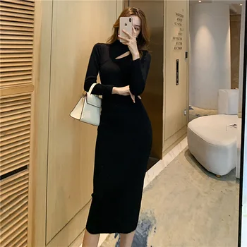 (yihaodi haine face) Hepburn stil mic negru fusta pentru femei toamna și iarna 2021 sexy diagonală umăr sens de design tricot