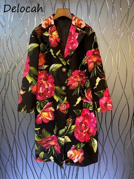 Delocah De Înaltă Calitate De Toamna Femei Pistă De Moda Amestecuri Haina Cu Maneci Lungi Ștrasuri Din Mărgele De Cristal Florale Imprimate Doamnelor Paltoane Palton