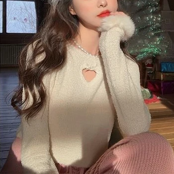 Pulover Alb Y2k Feminin Nouă Primăvară Casual Dulce Tricot Pulover Femei, Cu Maneci Lungi Păroase Coreeană De Moda Elegante, Topuri Doamnelor E Fata