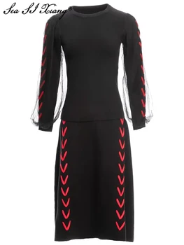 Seasixiang Designer de Moda Toamna tricotat pentru Femei Costum O-Gât Plasă de Despicare Mâneci Lungi Pulover + Fusta Casual Două Bucata Set