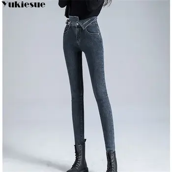 Iarna Blugi Casual Coreea Moda Retro Elegant, Simplu Denim Pantaloni Femei Femei Întindere Mare Wasit Skinny Slim Pantaloni De Creion