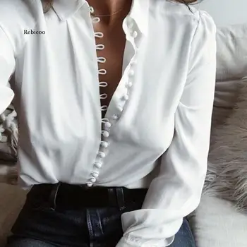 Moda Casual Culoare Solidă Doamnelor Birou Topuri Sexy Nasturi Maneca Lunga Bluza Noua De Primavara Femei Șifon Cămașă Albă