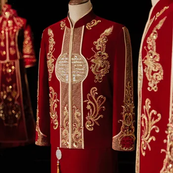 Stil chinezesc Căsătorie Set Mire Costum de Velur Nunta Îmbrăcăminte, Paiete, ștrasuri din Mărgele Cheongsam Toast Îmbrăcăminte китайская одежда