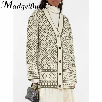 11.21 MadgeDutti Contrast De Culoare Geometric Jacquard Liber Midi V-Neck Wool Cardigan Tricotat Femei Haina