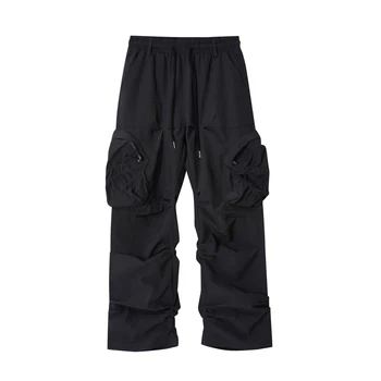 Harajuku Buzunare Mari Cutat Cordon Pantaloni de Marfă pentru Bărbați și Femei de Culoare Neagra Casual Dreaptă Supradimensionate, Pantaloni