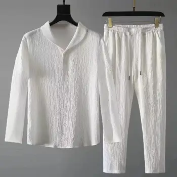 2022 Nouă Bărbați Cămașă Pantaloni Set cu Dungi Pliuri de Culoare Solidă Cordon Vrac Top Pantaloni Marimea M-4XL