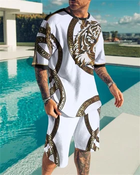 Noi de Vara Europene și Americane Super-Moda pentru Bărbați Casual 2022 Stil Plajă Textura 3D Digitale de Imprimare T-shirt, pantaloni Scurți Set