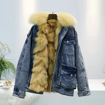 2019 Vintage Denim Hanorac Real Haina de Blana Jacheta de Iarna pentru Femei Naturala de Vulpe Guler de Blană și de Linie Slăbită Îmbrăcăminte exterioară Supradimensionate Mujer