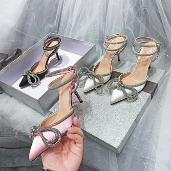 Vara a subliniat toe moda stras arc stiletto cu toc înalt de mătase, pantofi de nunta gol dintr-un singur cuvânt centura de mari dimensiuni sandale femei