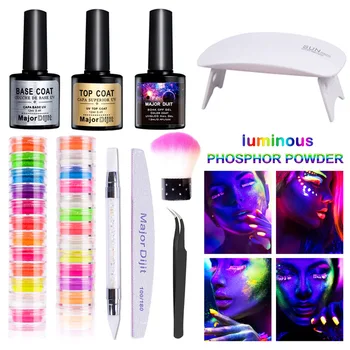 Set manichiura Alege Fosforescent Luminos pe Baza de Pulbere Top Coat UV Lampa Led pilă de Unghii Perie de Pensete Pentru Instrumente Nail Art