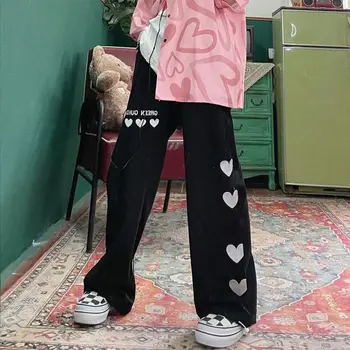 Coreeană Stil Harajuku Roz Pantaloni Femei Y2k Estetice Liber Supradimensionat De Înaltă Talie Pantaloni Largi Picior Broderie Moda Streetwear